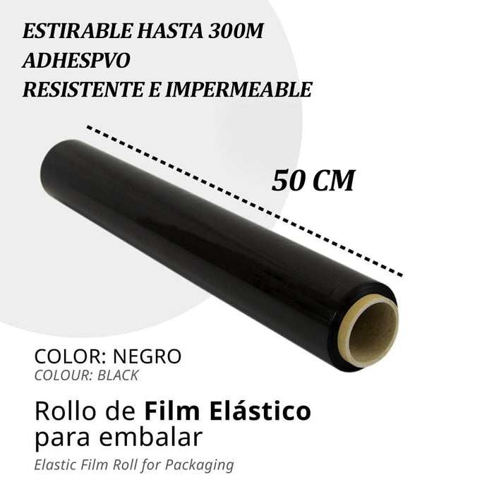Film para Embalar 50 cm de Ancho y Estirable Hasta 300 Metros de Longitud, Negro,
