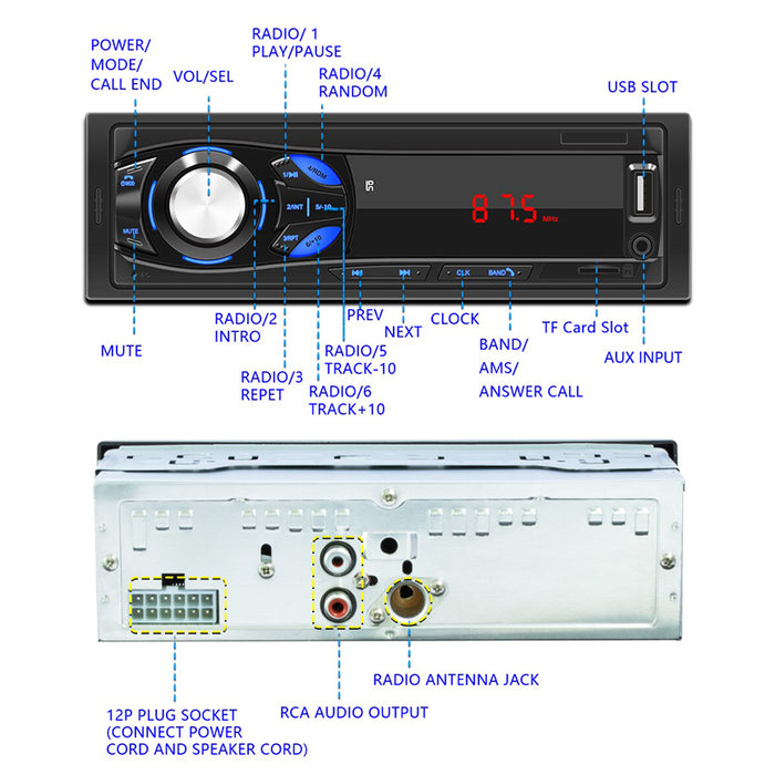 Radio Estéreo para Coche de 1DIN, Reproductor de MP3, Bluetooth, Radio, USB, AUX, SD, Pantalla LCD,
